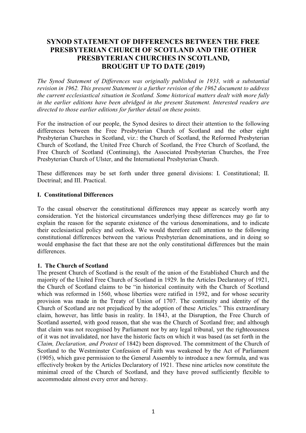 Statement of Differences Between the Free Presbyterian Church of Scotland and the Other Presbyterian Churches in Scotland, Brought up to Date (2019)