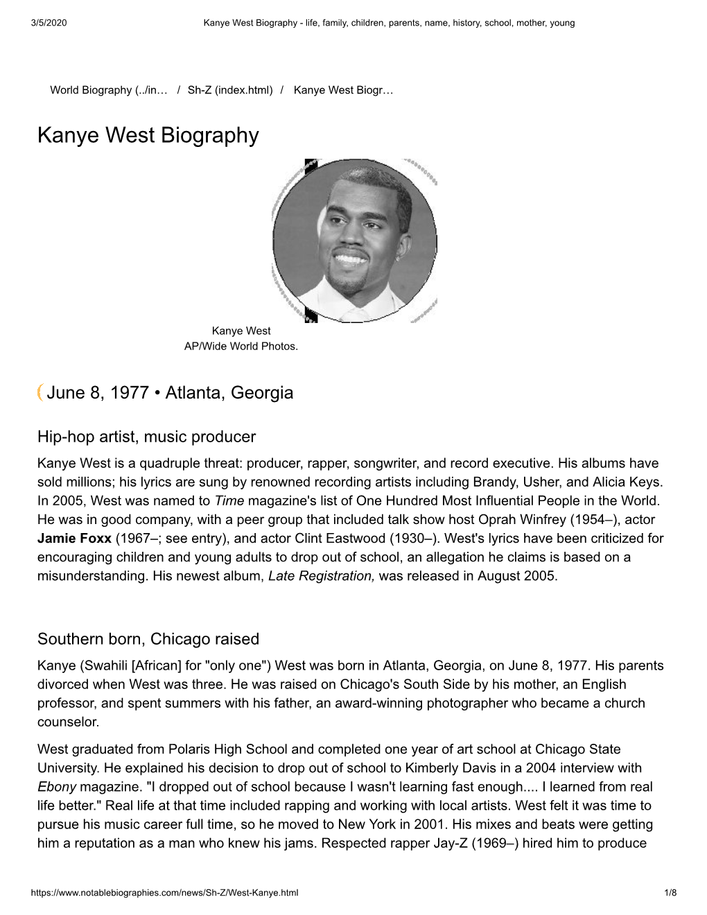 Kanye West Biography - Life, Family, Children, Parents, Name, History, School, Mother, Young