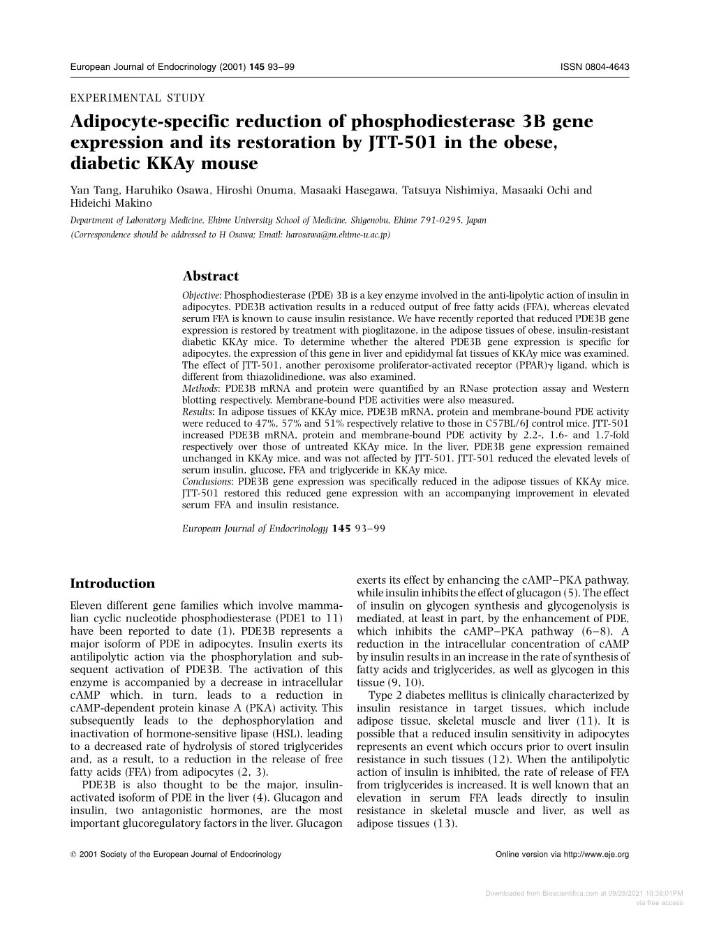 Adipocyte-Specific Reduction of Phosphodiesterase 3B Gene