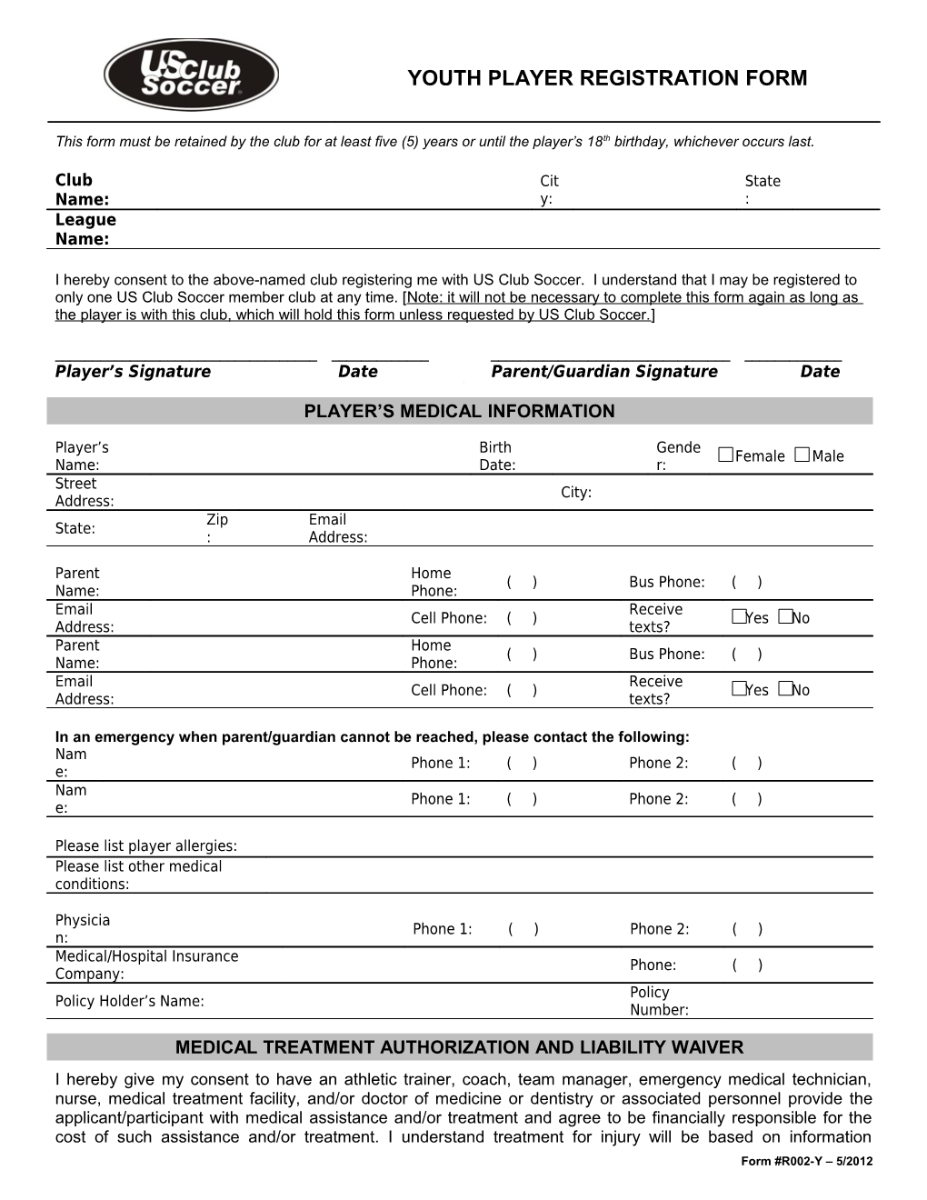 R002-Y - Youth Player Registration Form