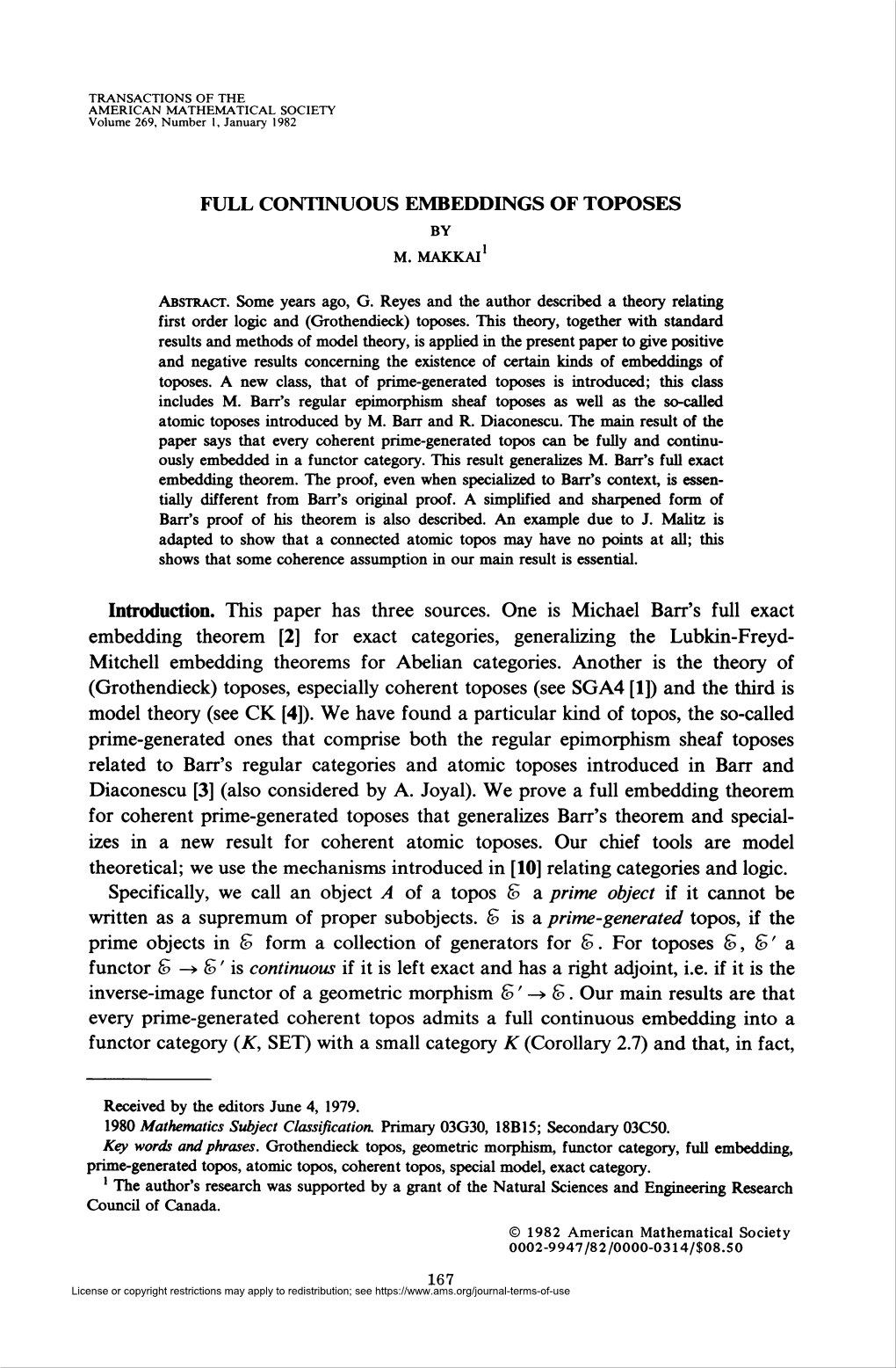 Full Continuous Embeddings of Toposes by M