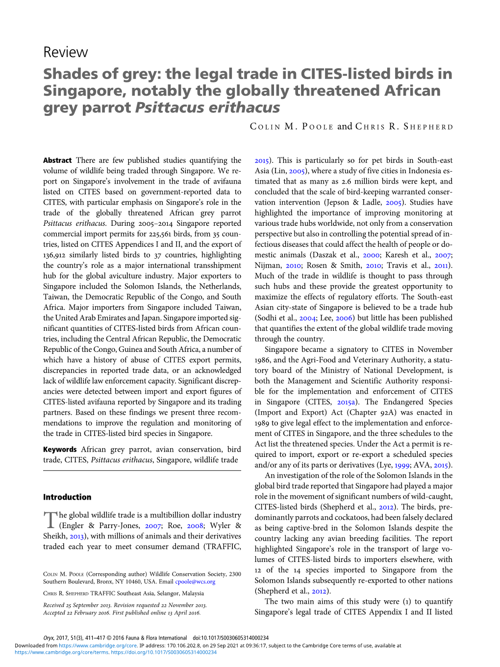 Shades of Grey: the Legal Trade in CITES-Listed Birds in Singapore, Notably the Globally Threatened African Grey Parrot Psittacus Erithacus