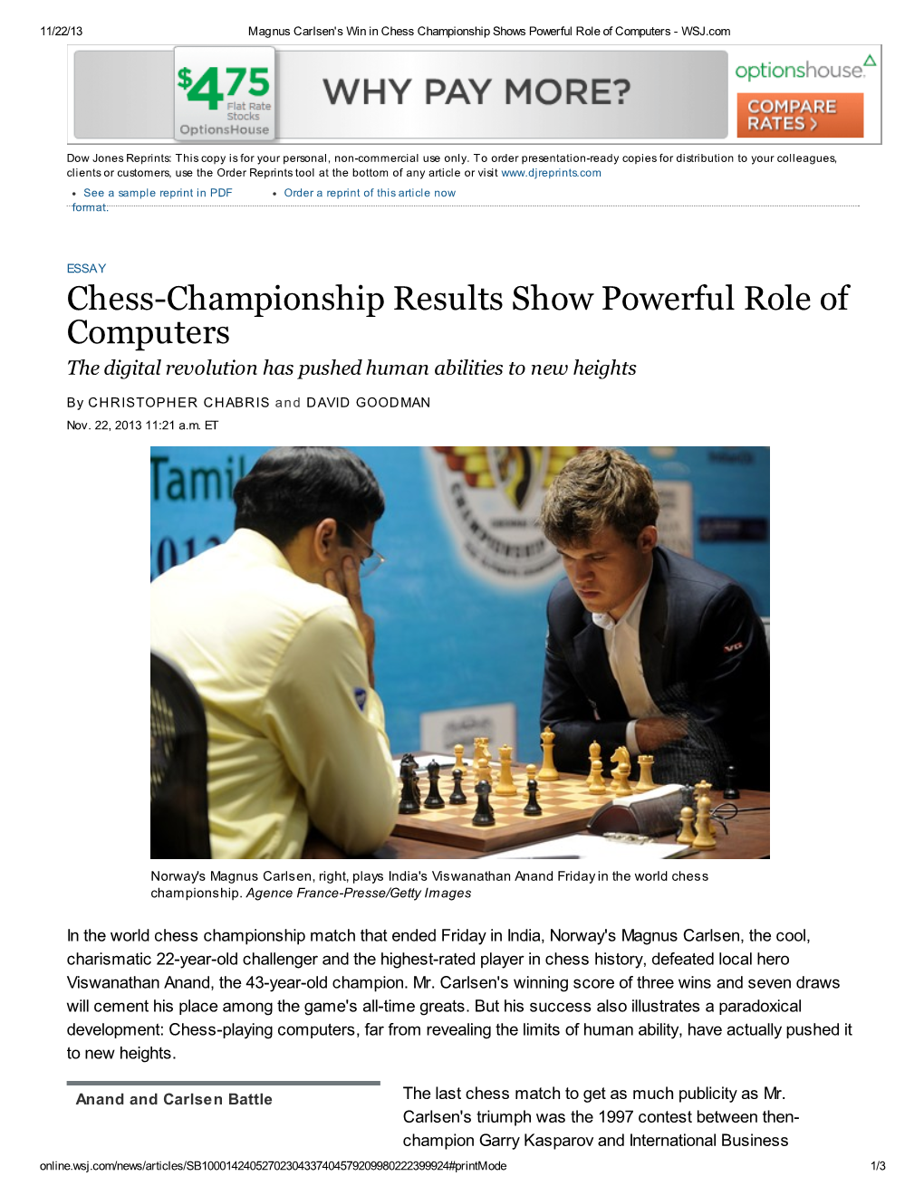 Chess-Championship Results Show Powerful Role of Computers the Digital Revolution Has Pushed Human Abilities to New Heights