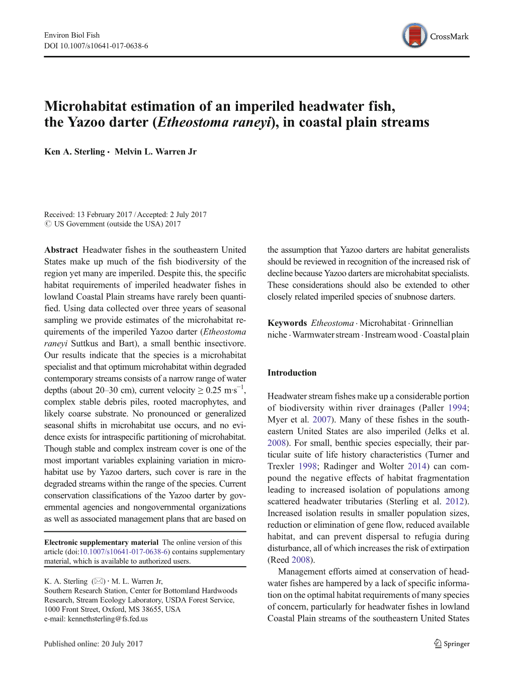 Microhabitat Estimation of an Imperiled Headwater Fish, the Yazoo Darter (Etheostoma Raneyi), in Coastal Plain Streams