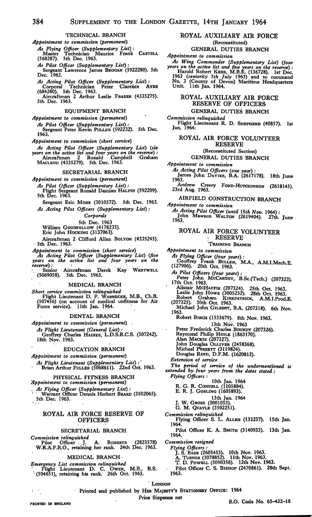 Supplement to the London Gazette, Hth January 1964