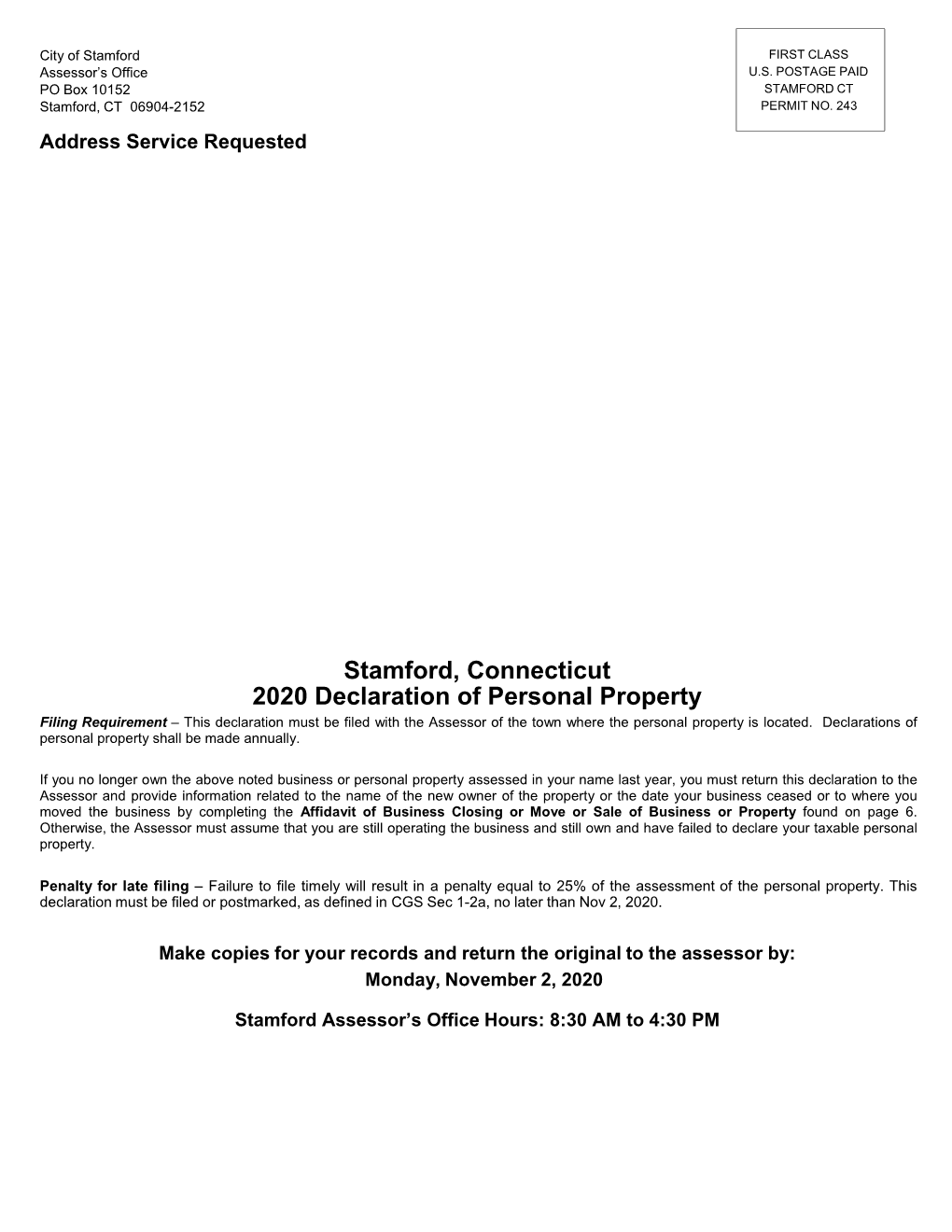 Stamford, Connecticut 2020 Declaration of Personal Property