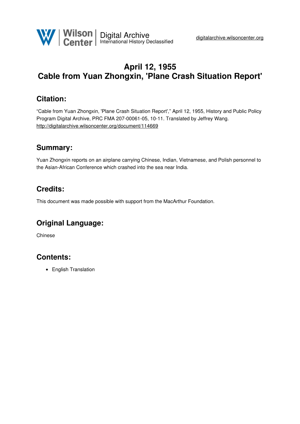 April 12, 1955 Cable from Yuan Zhongxin, 'Plane Crash Situation Report'