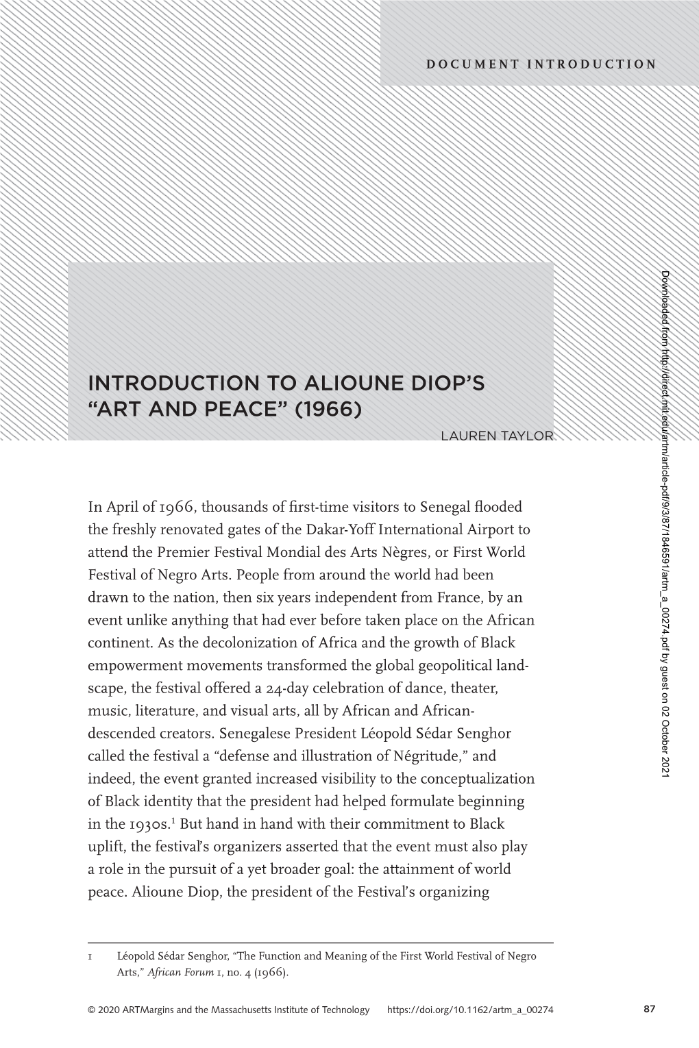 Introduction to Alioune Diop's “Art and Peace”