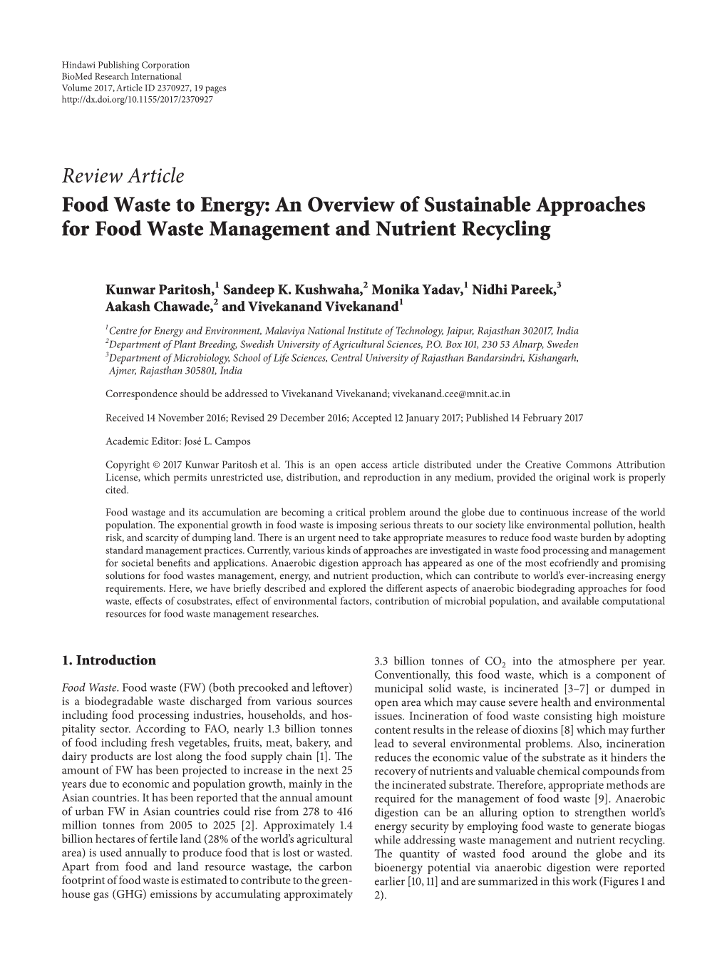 Review Article Food Waste to Energy: an Overview of Sustainable Approaches for Food Waste Management and Nutrient Recycling