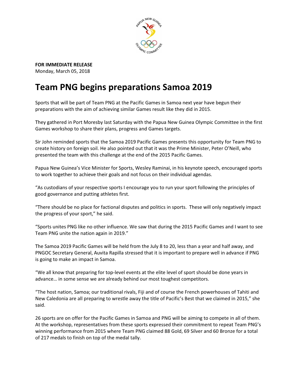 Team PNG Begins Preparations Samoa 2019