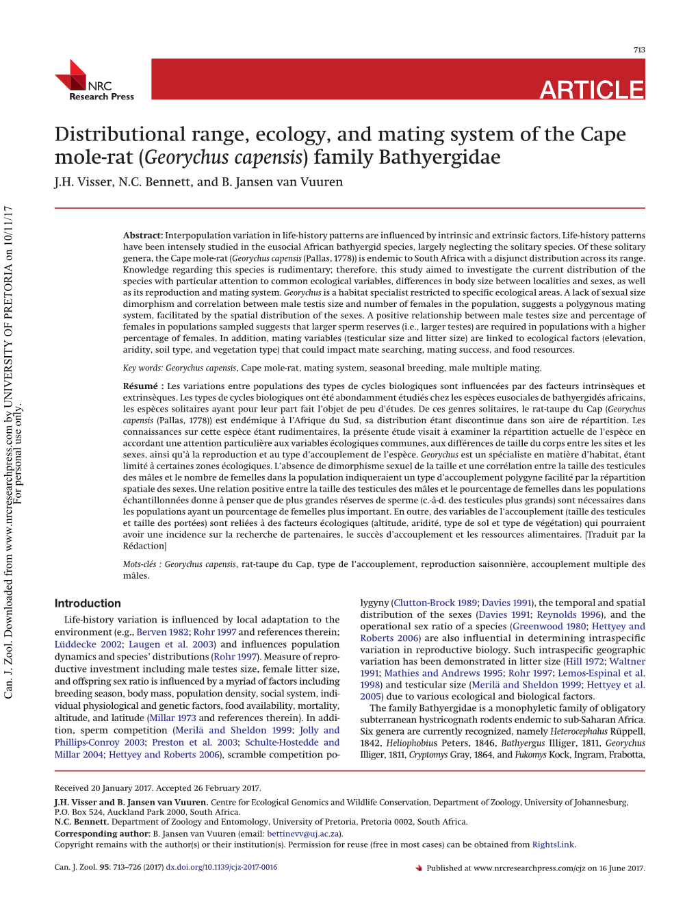 Distributional Range, Ecology, and Mating System of the Cape Mole-Rat (Georychus Capensis) Family Bathyergidae J.H