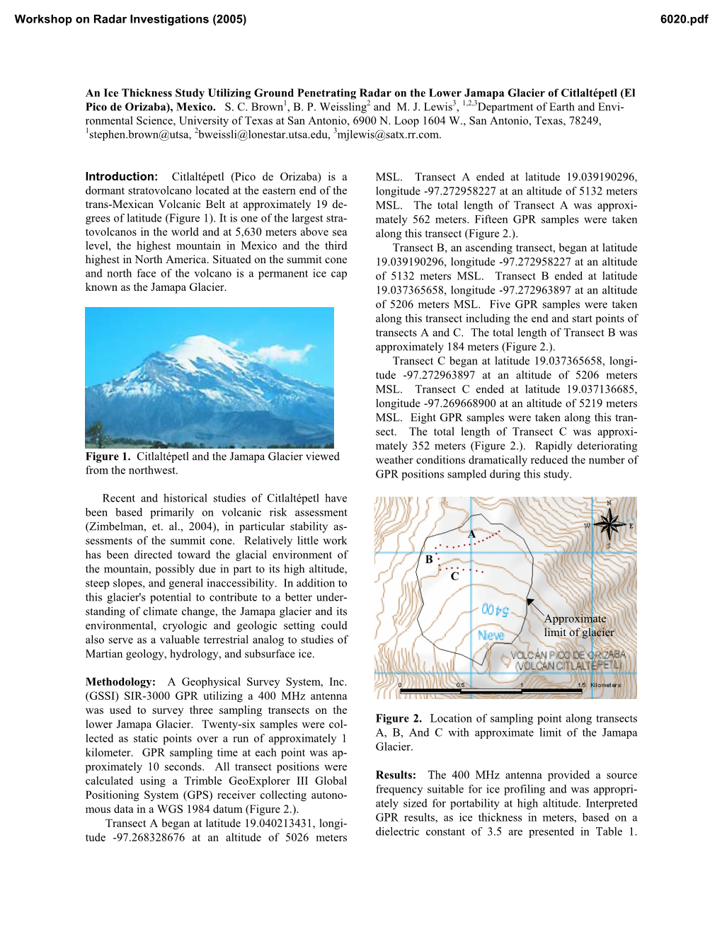An Ice Thickness Study Utilizing Ground Penetrating Radar on the Lower Jamapa Glacier of Citlaltépetl (El Pico De Orizaba), Mexico