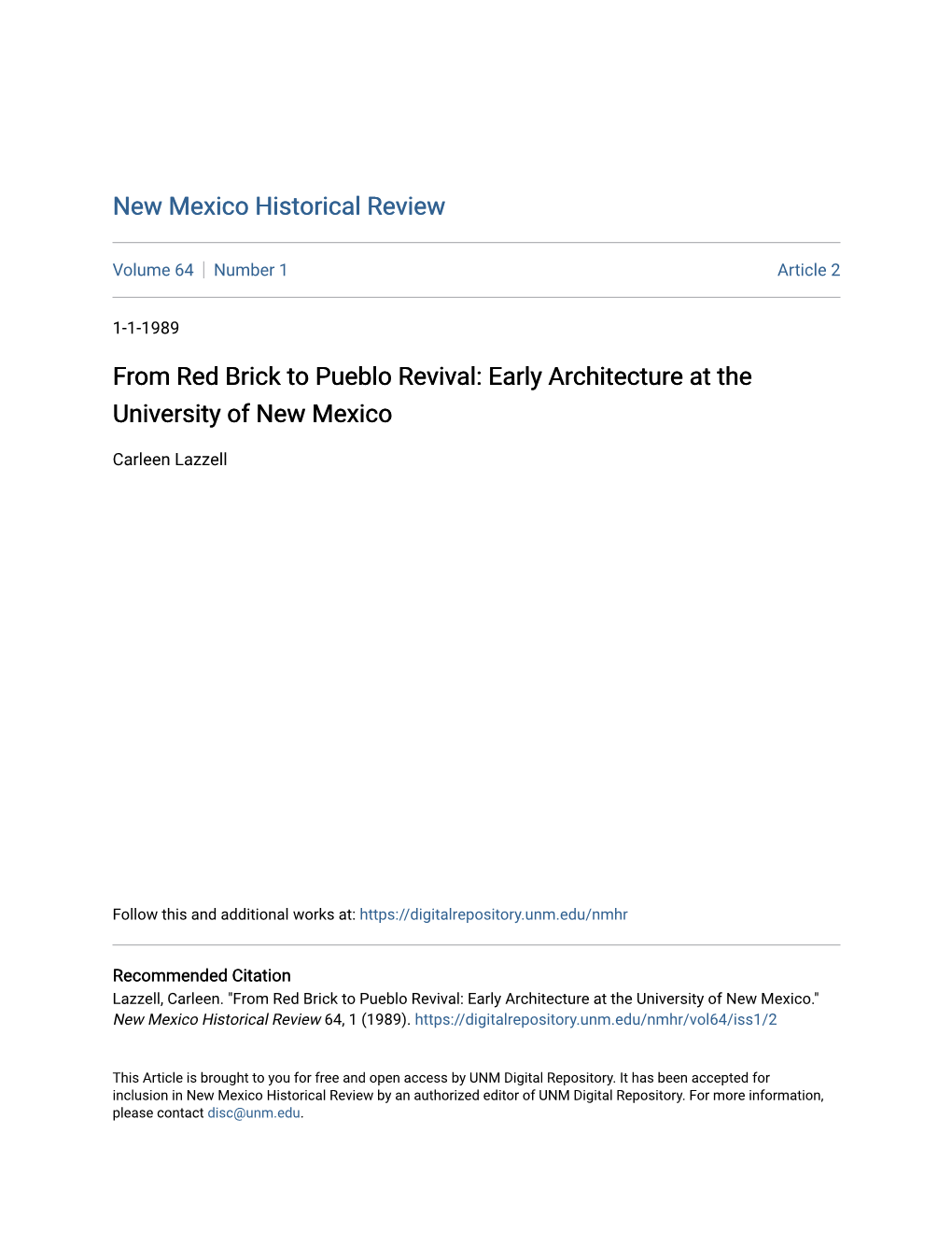 From Red Brick to Pueblo Revival: Early Architecture at the University of New Mexico