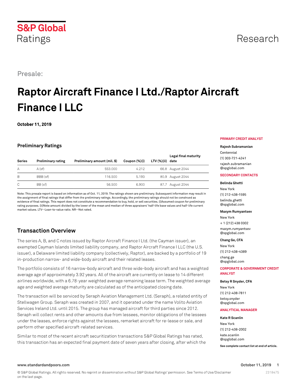 Raptor Aircraft Finance I Ltd./Raptor Aircraft Finance I LLC Raptor Aircraft Finance I Ltd./Raptor Aircraft Finance I