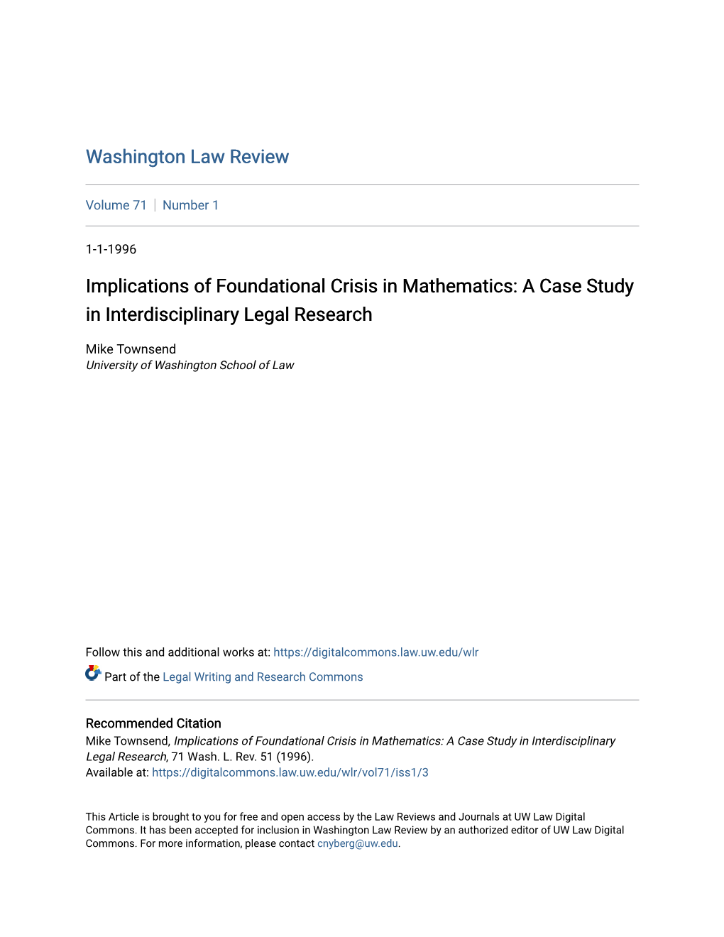 Implications of Foundational Crisis in Mathematics: a Case Study in Interdisciplinary Legal Research