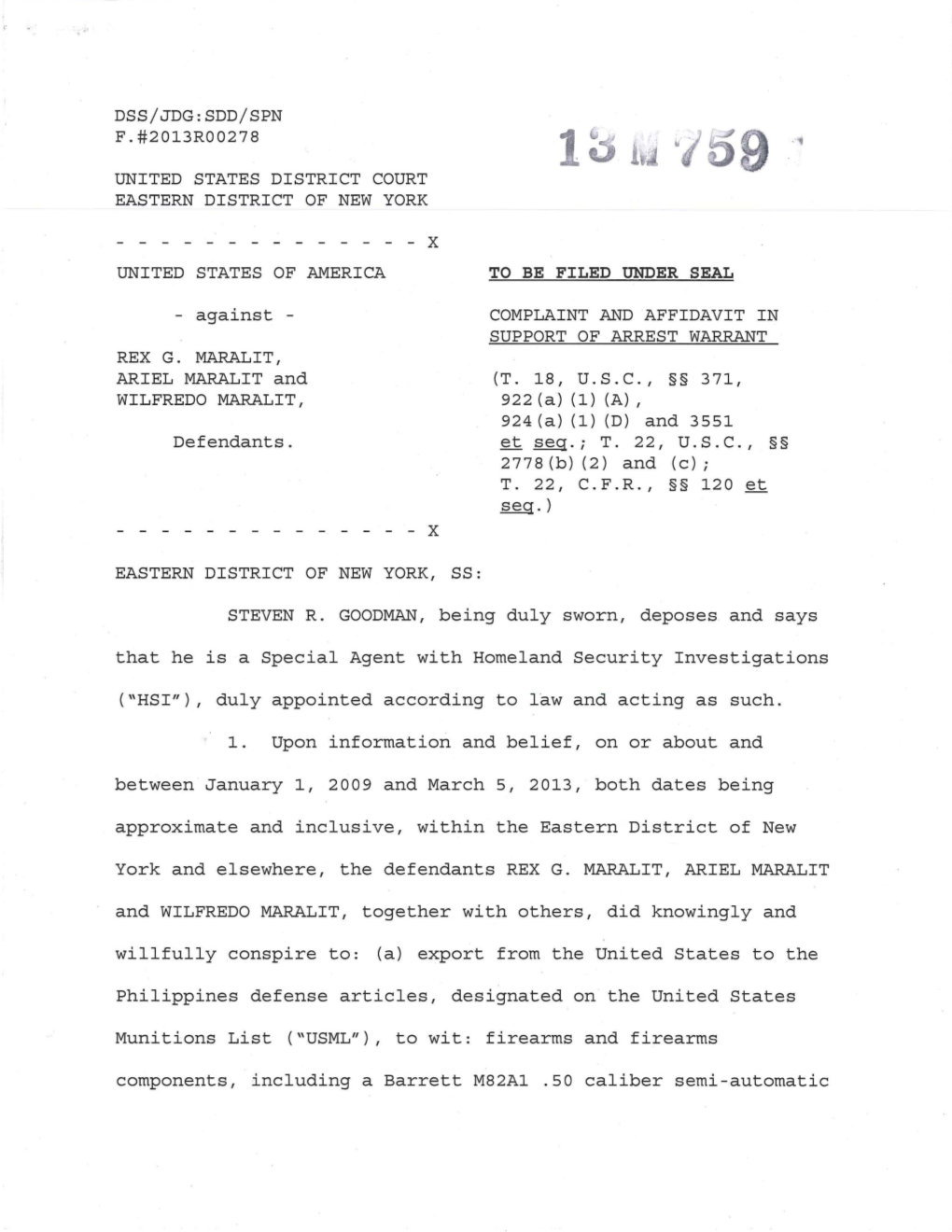 Complaint and Affidavit in Support of Arrest Warrant Rex G