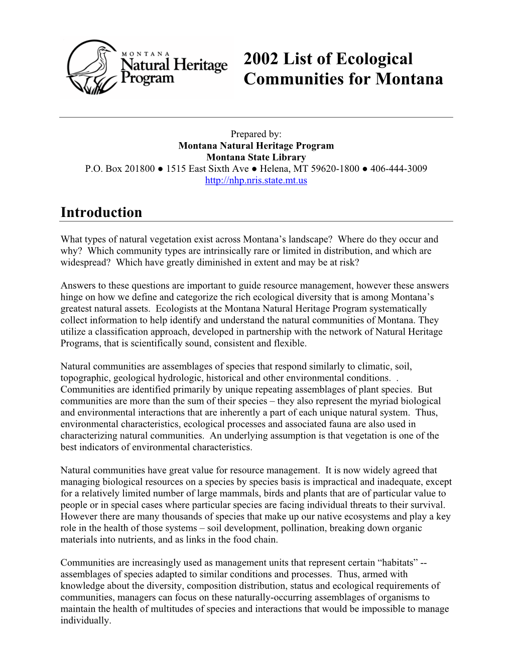 2002 List of Ecological Communities for Montana