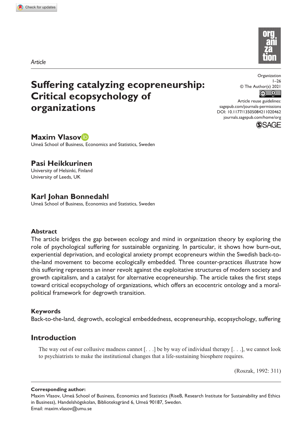 Suffering Catalyzing Ecopreneurship: Critical