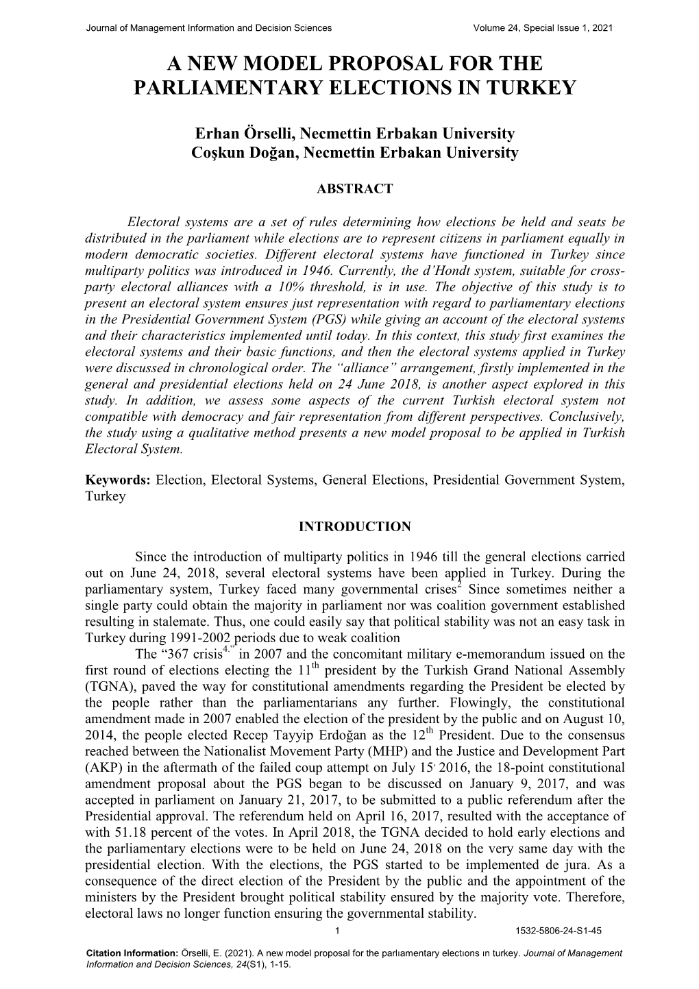 A New Model Proposal for the Parliamentary Elections in Turkey