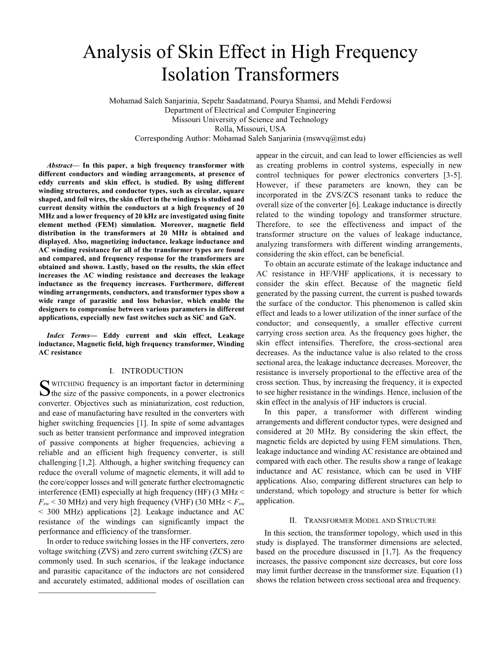 Analysis of Skin Effect in High Frequency Isolation Transformers