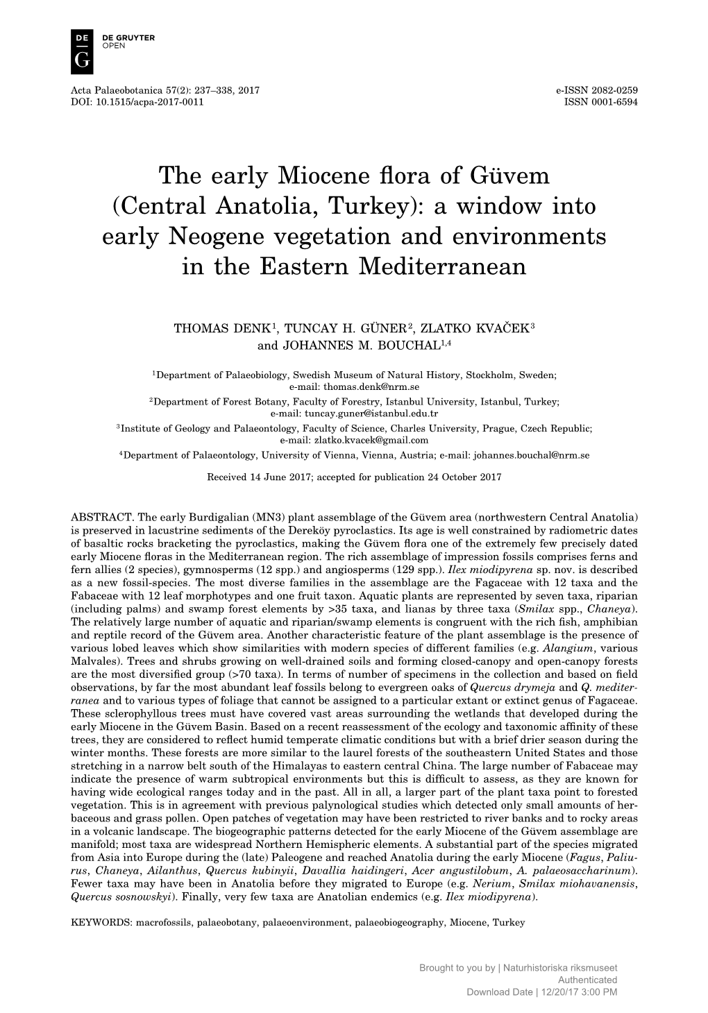 Central Anatolia, Turkey): a Window Into Early Neogene Vegetation and Environments in the Eastern Mediterranean