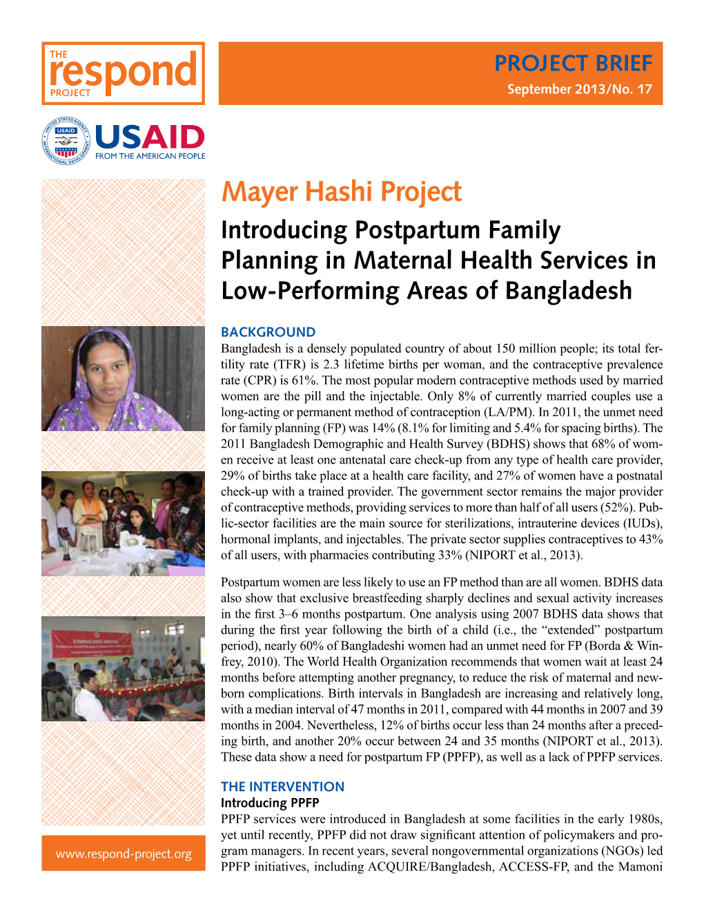 Mayer Hashi Project Introducing Postpartum Family Planning in Maternal Health Services in Low-Performing Areas of Bangladesh