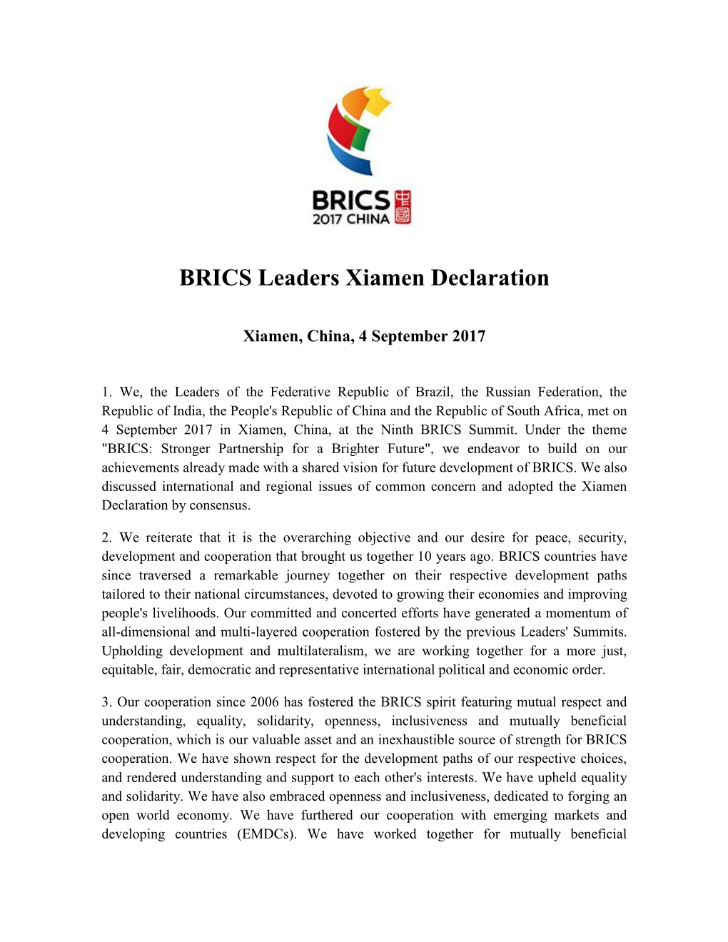 BRICS Leaders Xiamen Declaration