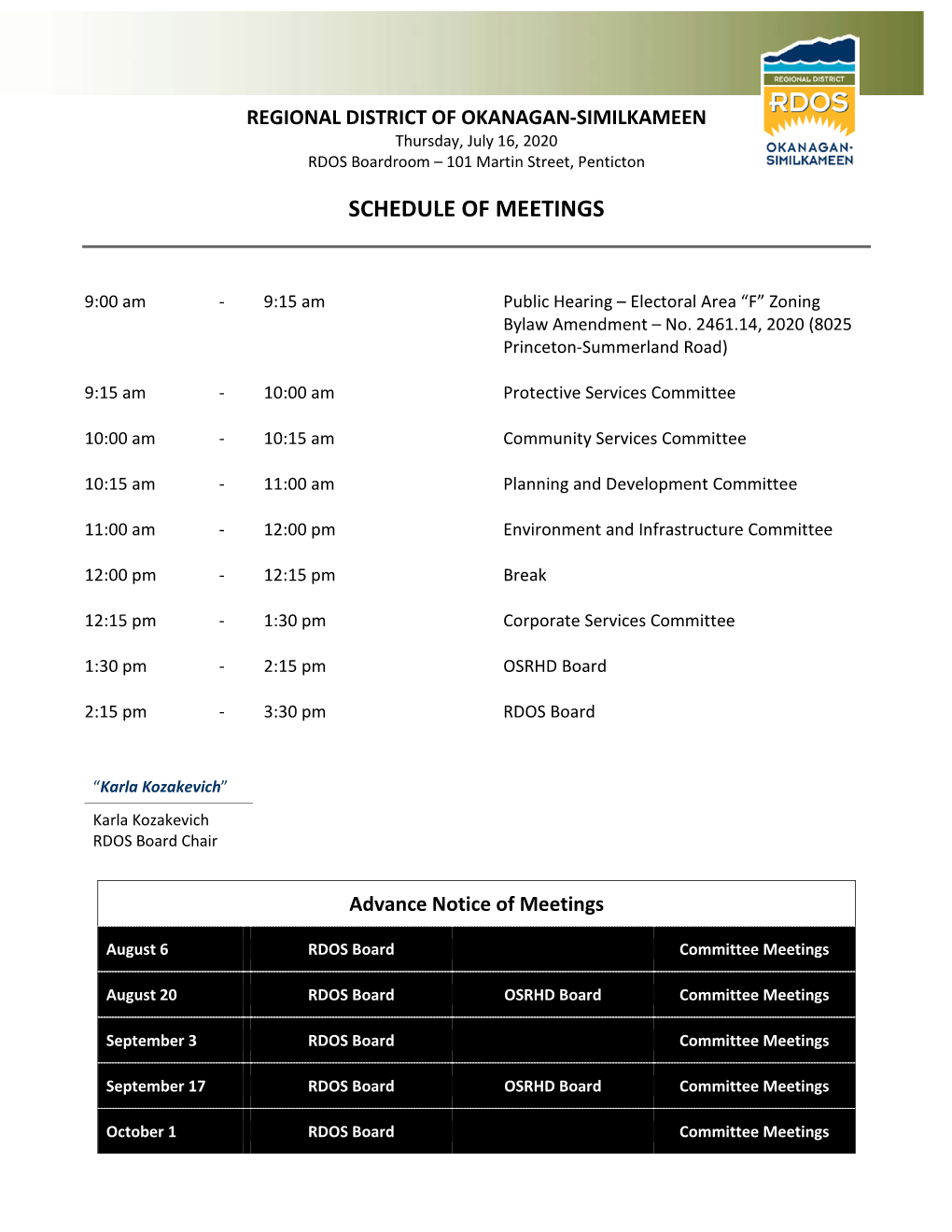 Schedule of Meetings