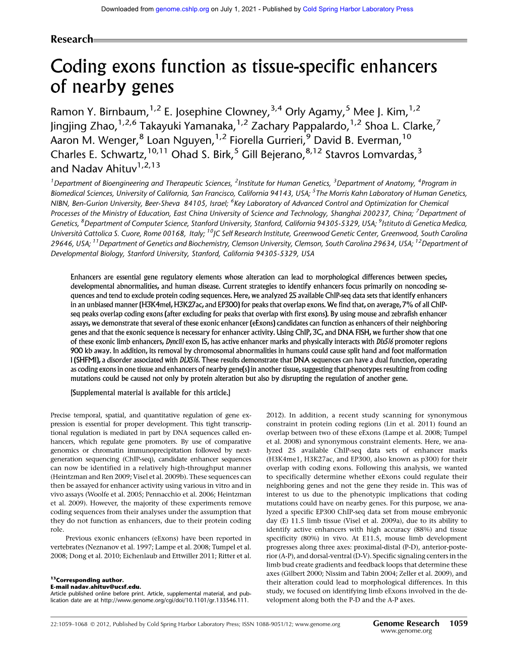 Coding Exons Function As Tissue-Specific Enhancers of Nearby Genes