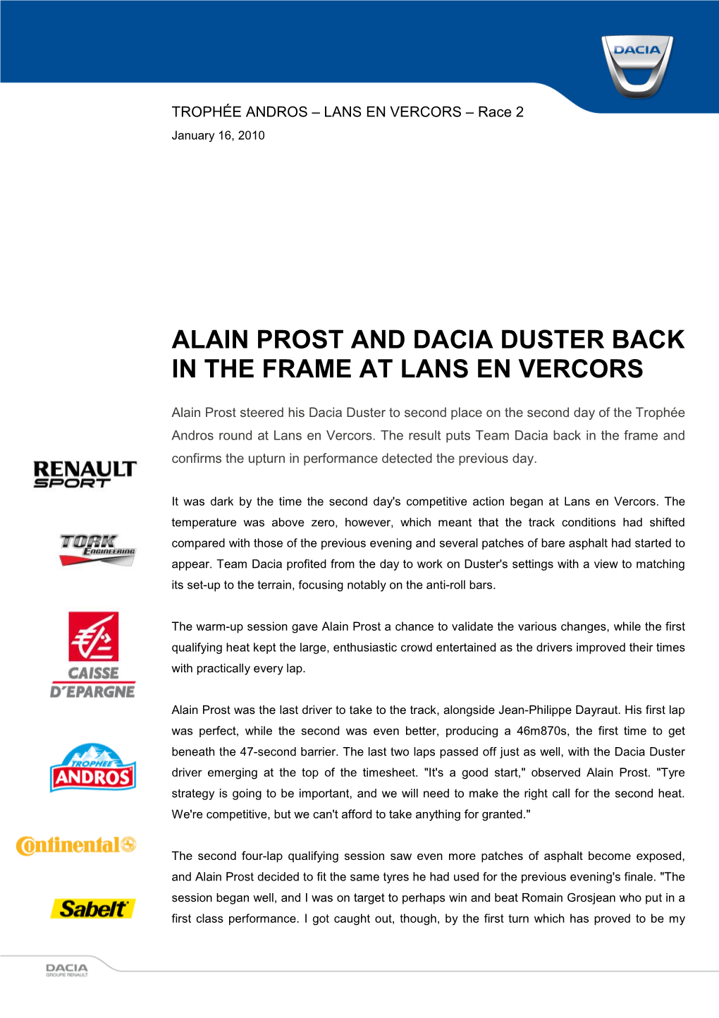 Alain Prost and Dacia Duster Back in the Frame at Lans En Vercors
