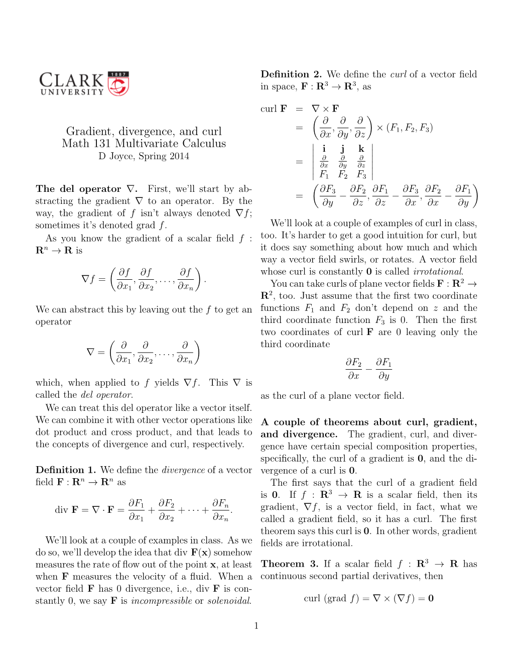 Gradient, Divergence, and Curl Math 131 Multivariate Calculus