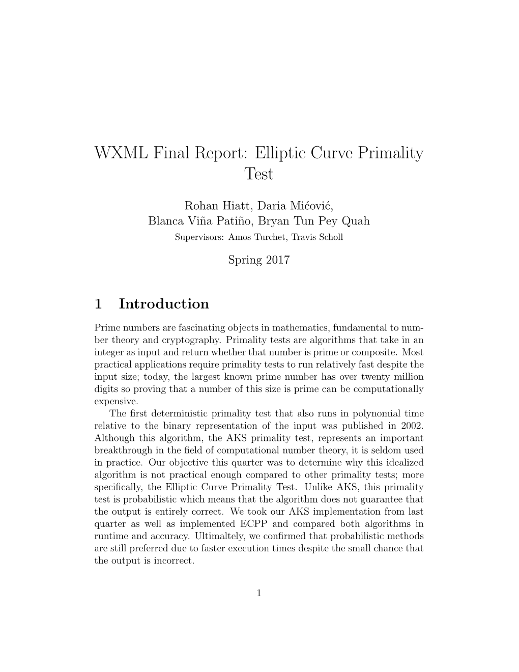 WXML Final Report: Elliptic Curve Primality Test