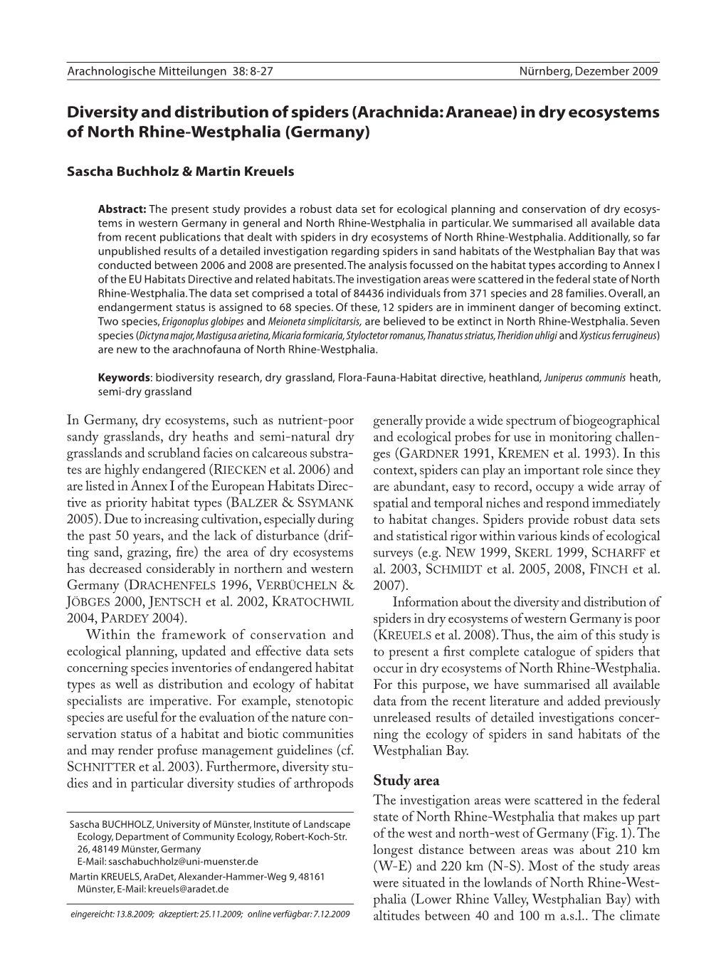 Diversity and Distribution of Spiders (Arachnida: Araneae) in Dry Ecosystems of North Rhine-Westphalia (Germany)