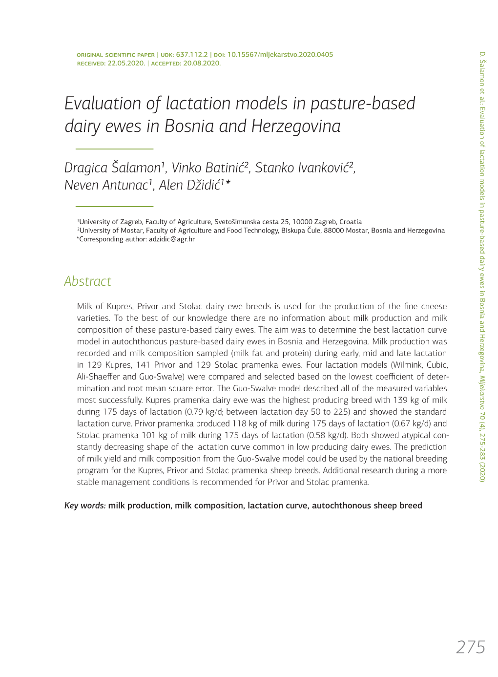 Evaluation of Lactation Models in Pasture-Based Dairy Ewes in Bosnia