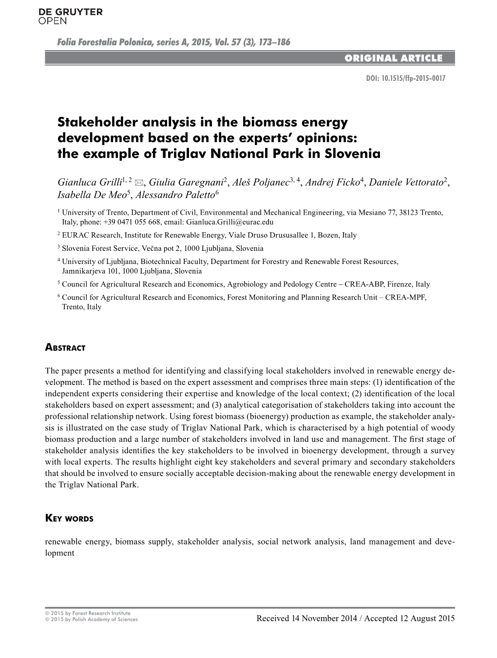 Stakeholder Analysis in the Biomass Energy Development Based on the Experts’ Opinions: the Example of Triglav National Park in Slovenia