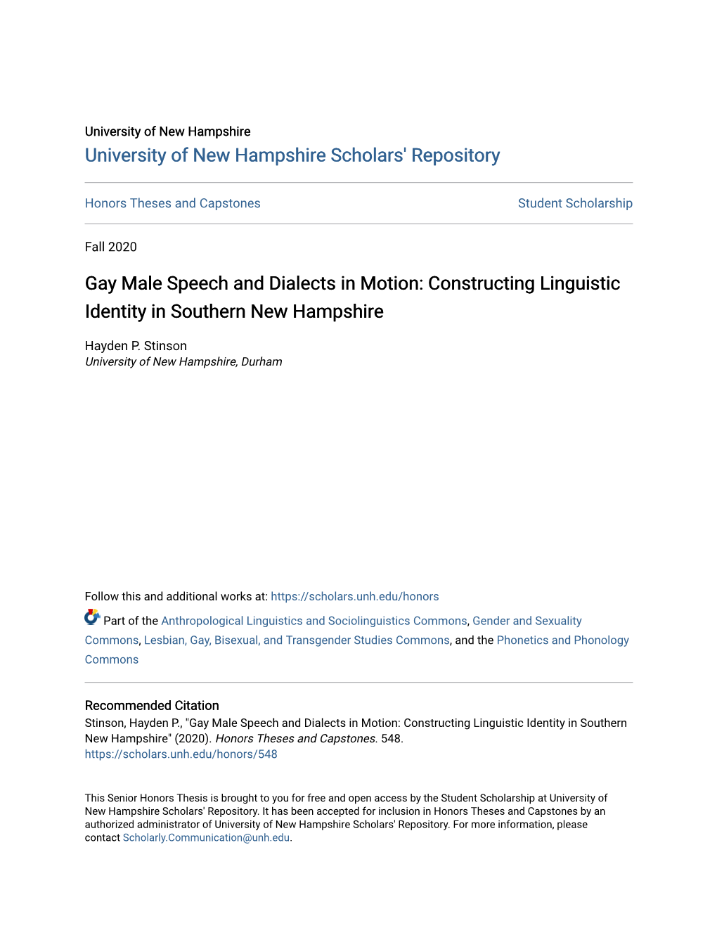 Gay Male Speech and Dialects in Motion: Constructing Linguistic Identity in Southern New Hampshire