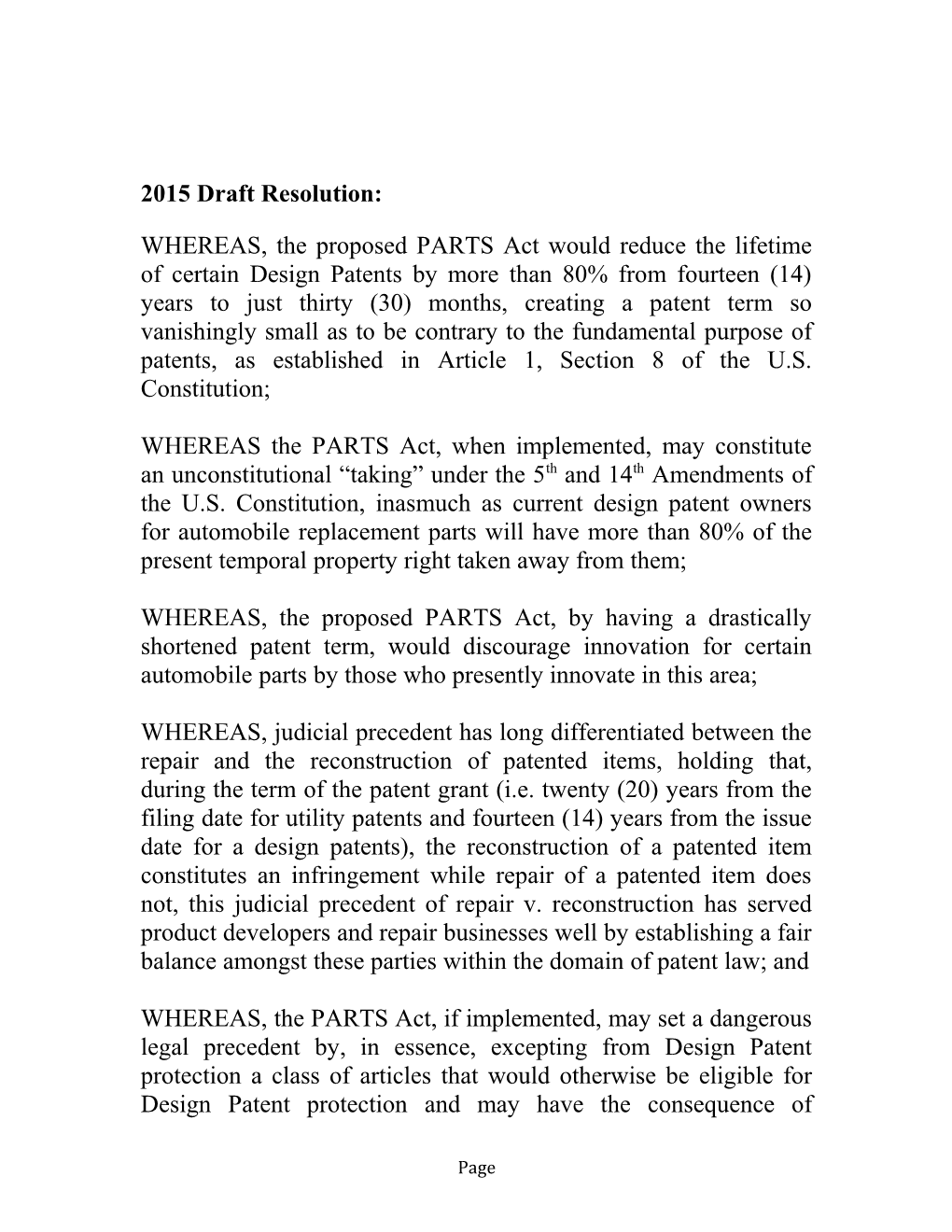 Draft Board Resolution on the 2015 PARTS Bill