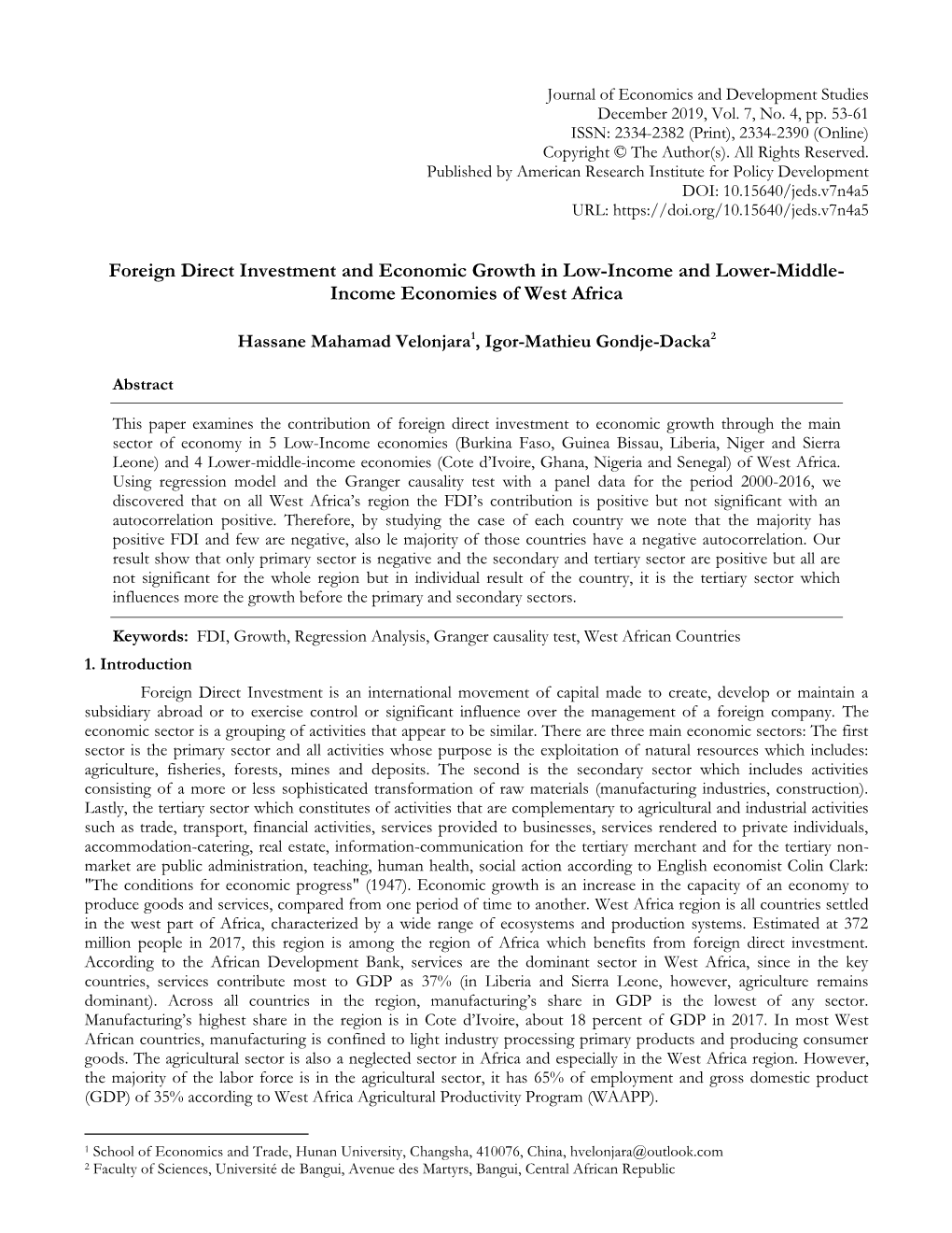 Foreign Direct Investment and Economic Growth in Low-Income and Lower-Middle- Income Economies of West Africa