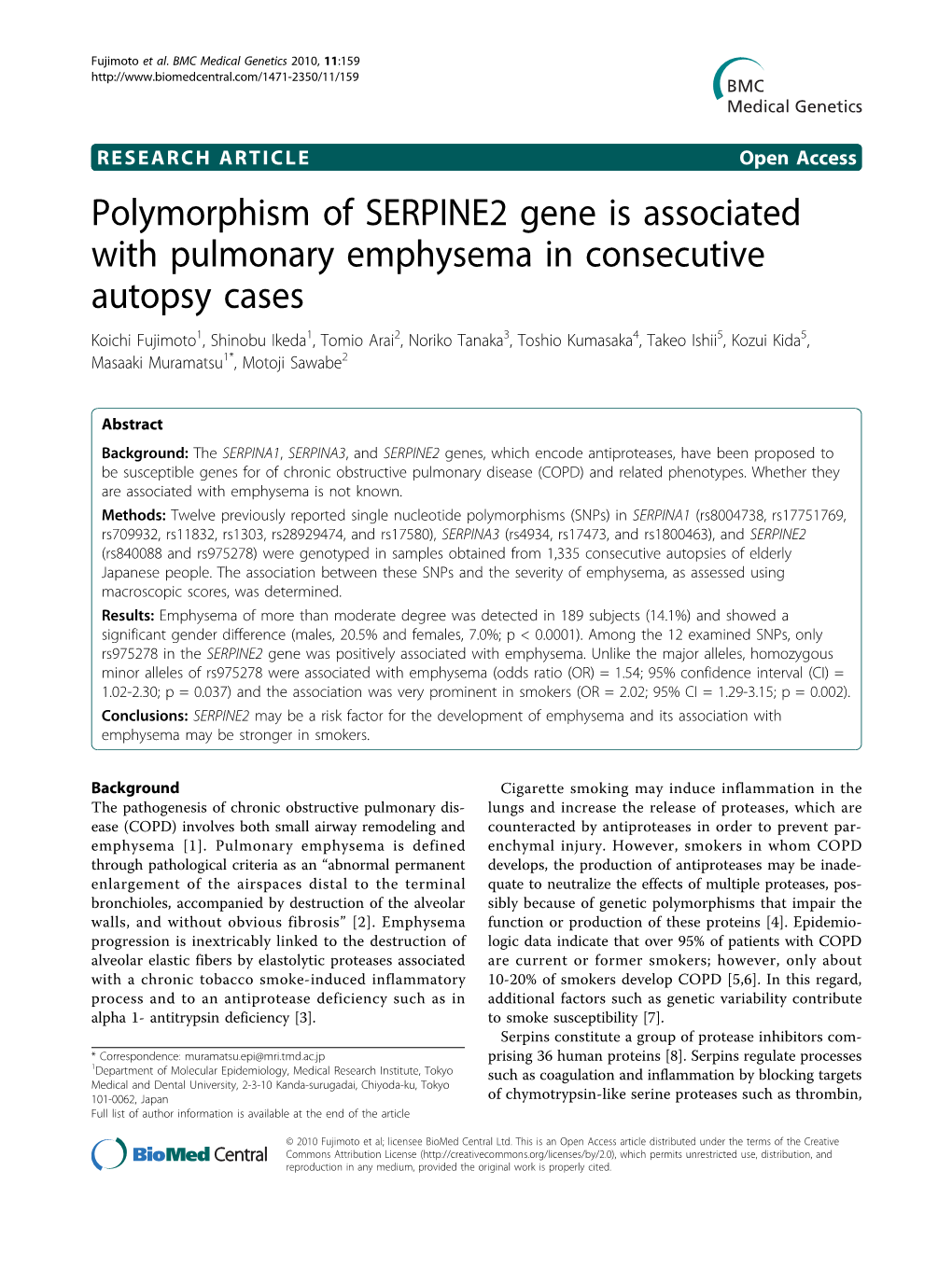 Polymorphism of SERPINE2 Gene Is Associated with Pulmonary