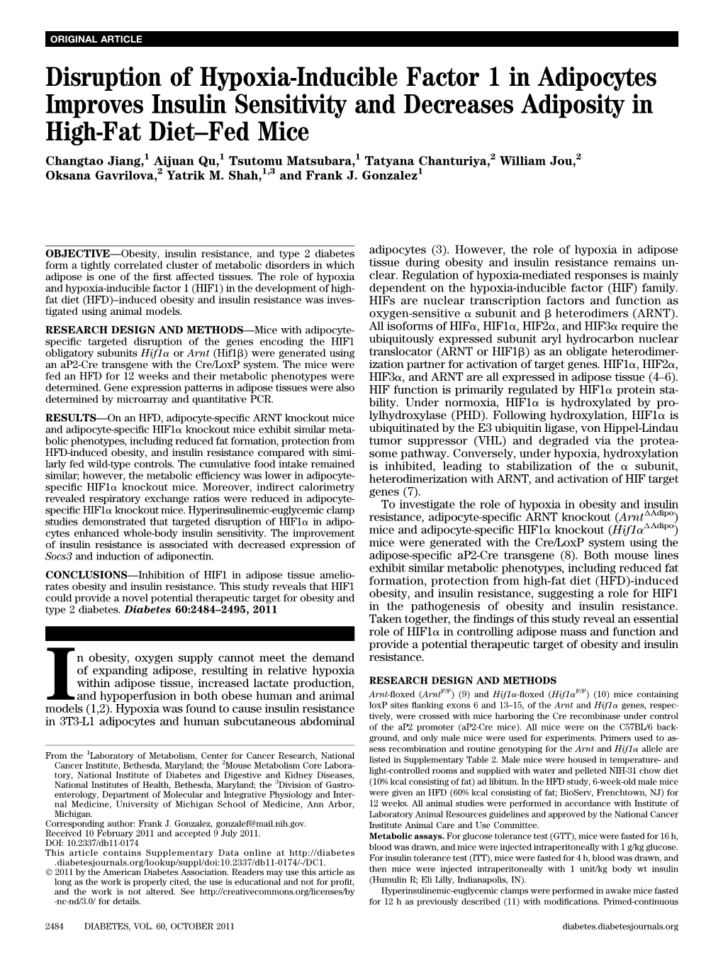 Disruption of Hypoxia-Inducible Factor 1 in Adipocytes Improves Insulin Sensitivity and Decreases Adiposity in High-Fat Diet–F