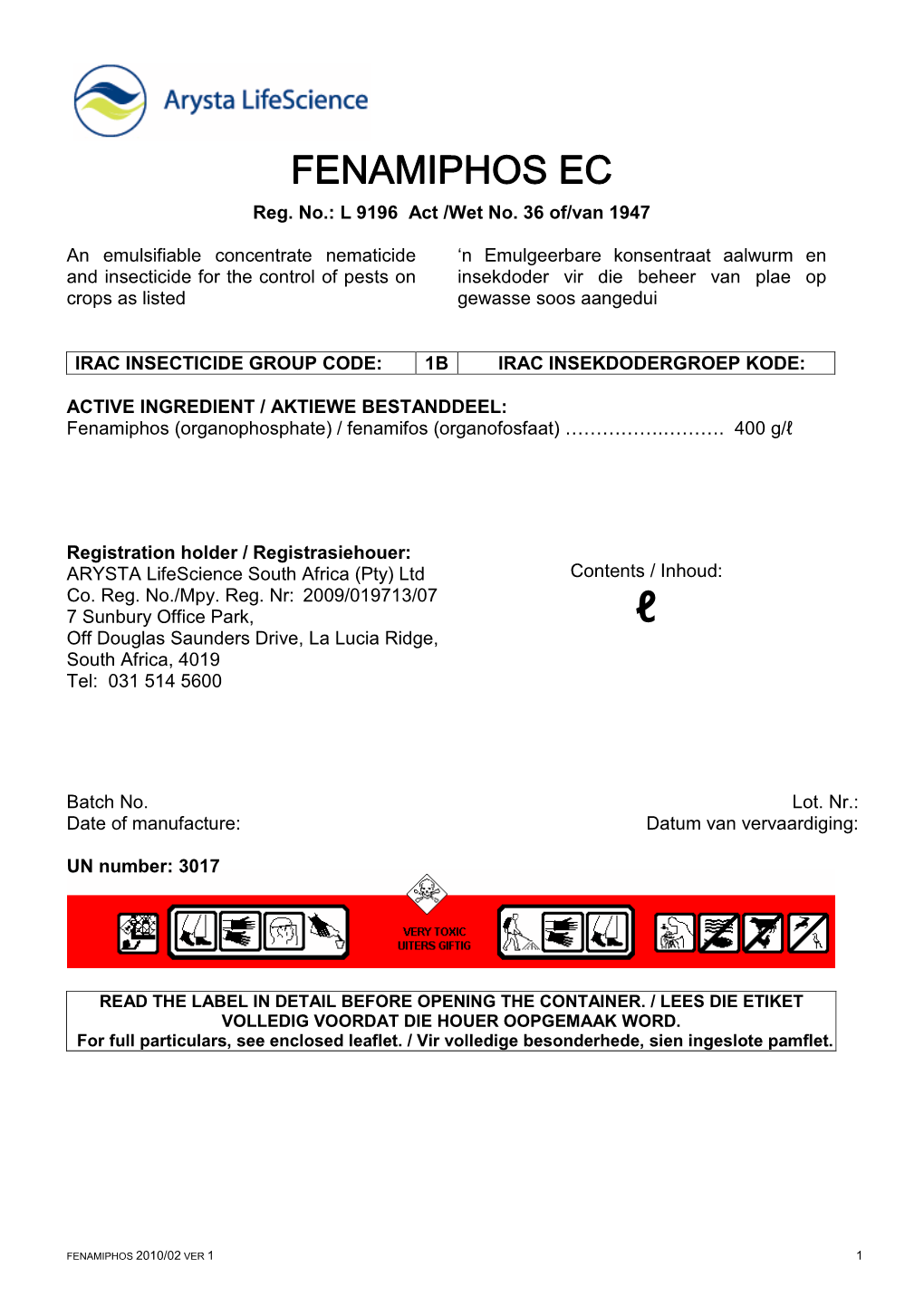 Fenamiphos EC Label for Arysta E