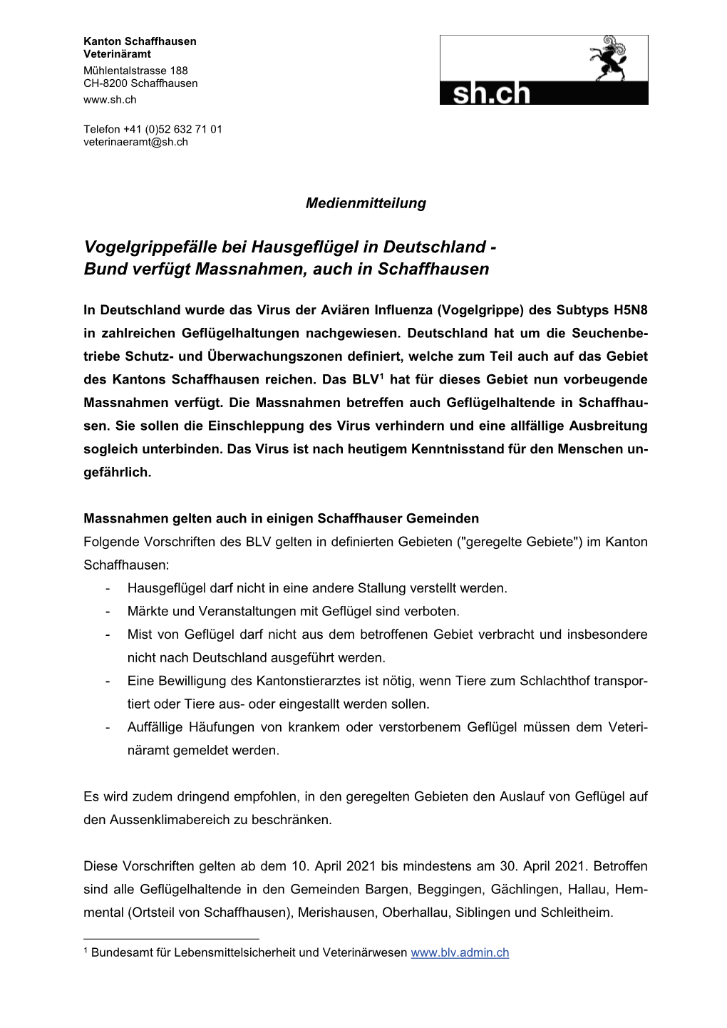 Vogelgrippefälle Bei Hausgeflügel in Deutschland - Bund Verfügt Massnahmen, Auch in Schaffhausen
