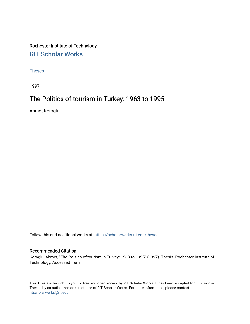 The Politics of Tourism in Turkey: 1963 to 1995