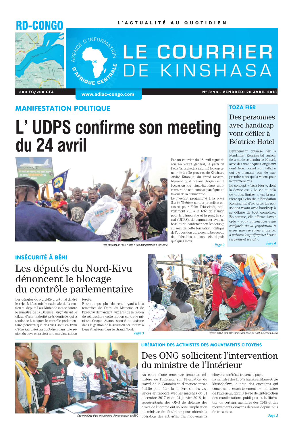 L' UDPS Confirme Son Meeting Du 24 Avril