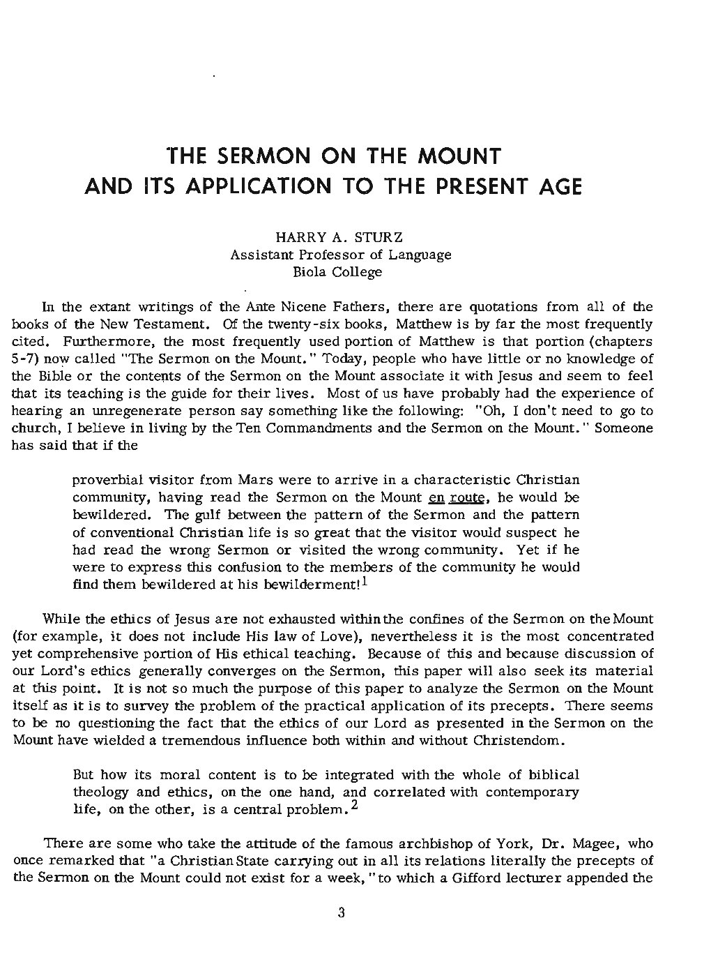 The Sermon on the Mount and Its Application to the Present Age