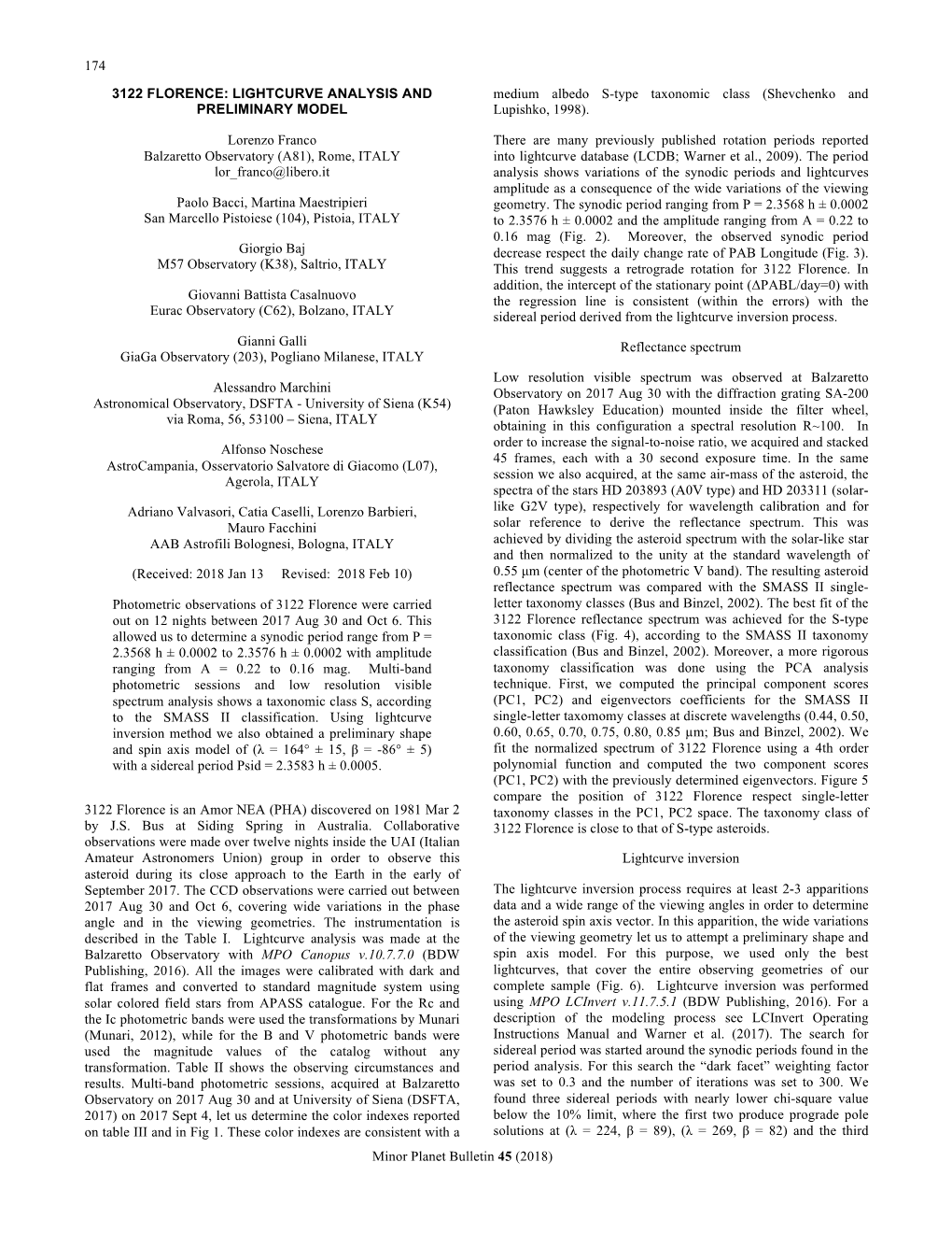 3122 FLORENCE: LIGHTCURVE ANALYSIS and Medium Albedo S-Type Taxonomic Class (Shevchenko and PRELIMINARY MODEL Lupishko, 1998)