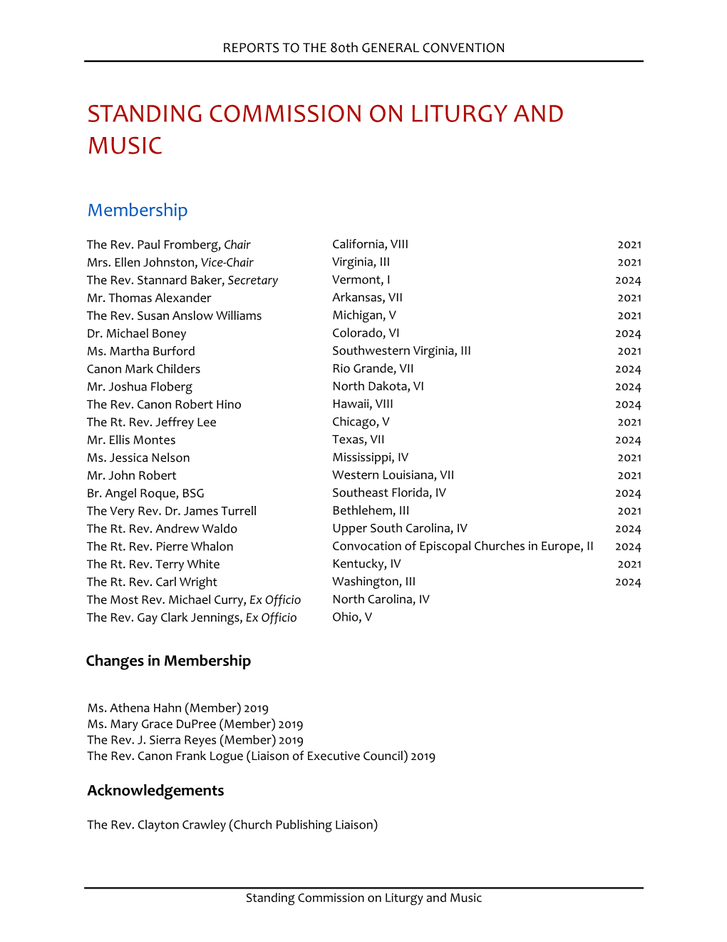 Report to the 80Th General Convention of the Standing Commission on Liturgy and Music