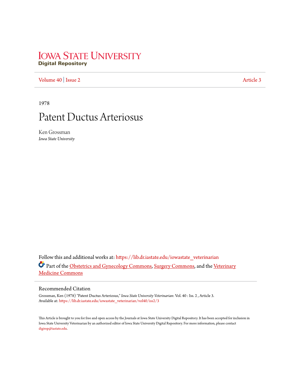 Patent Ductus Arteriosus Ken Grossman Iowa State University