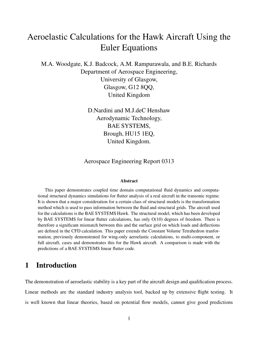 Aeroelastic Calculations for the Hawk Aircraft Using the Euler Equations