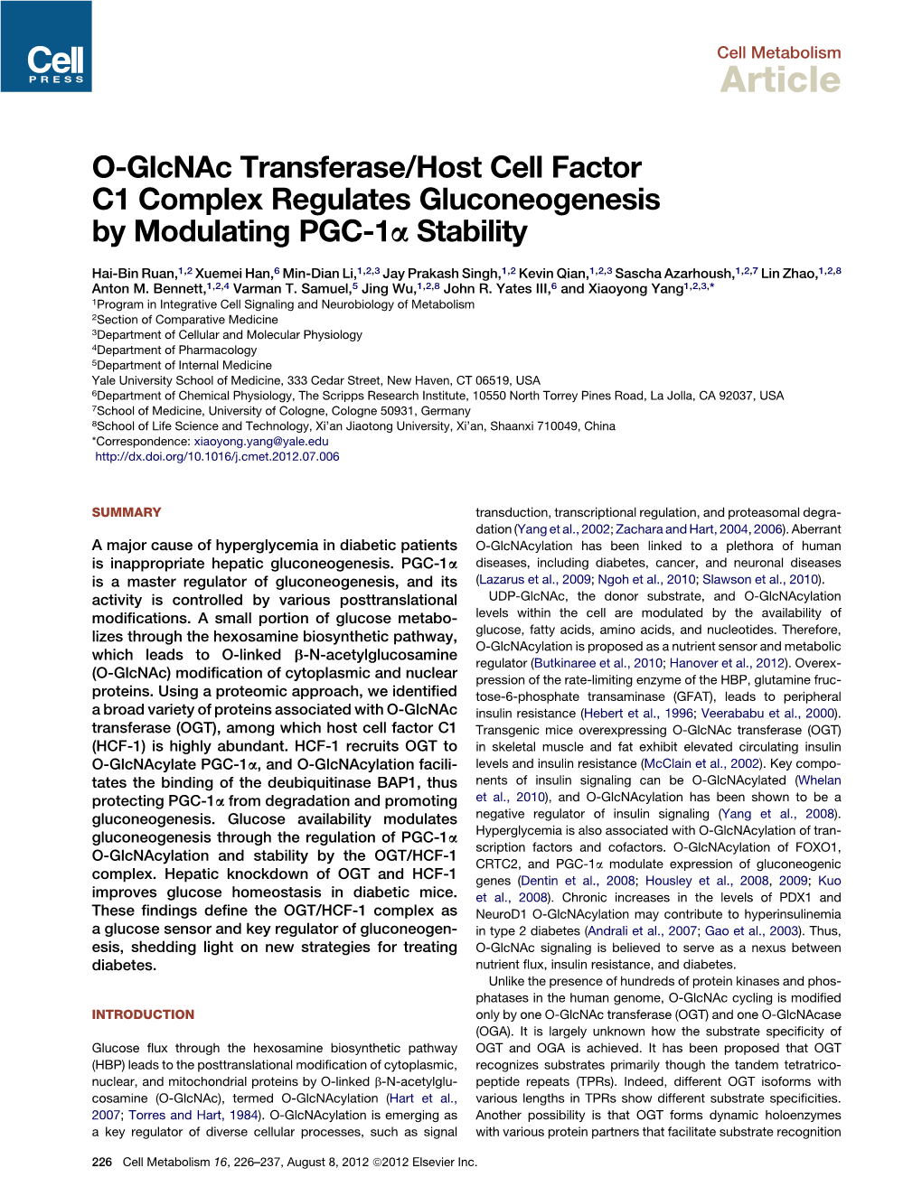 O-Glcnac Transferase/Host Cell Factor C1 Complex Regulates Gluconeogenesis by Modulating PGC-1&Alpha